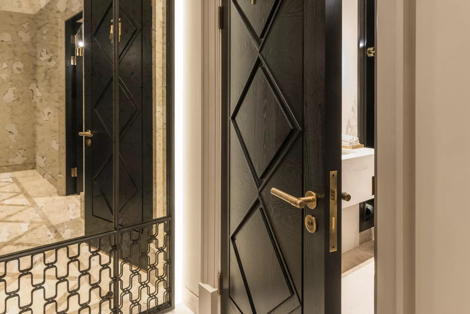 Crown Aspinalls - Hallway with Montgomery Diamond Knurled Lever (LV1142) & Release (RL1015) in Mid Antique Brass Waxed - MABW
