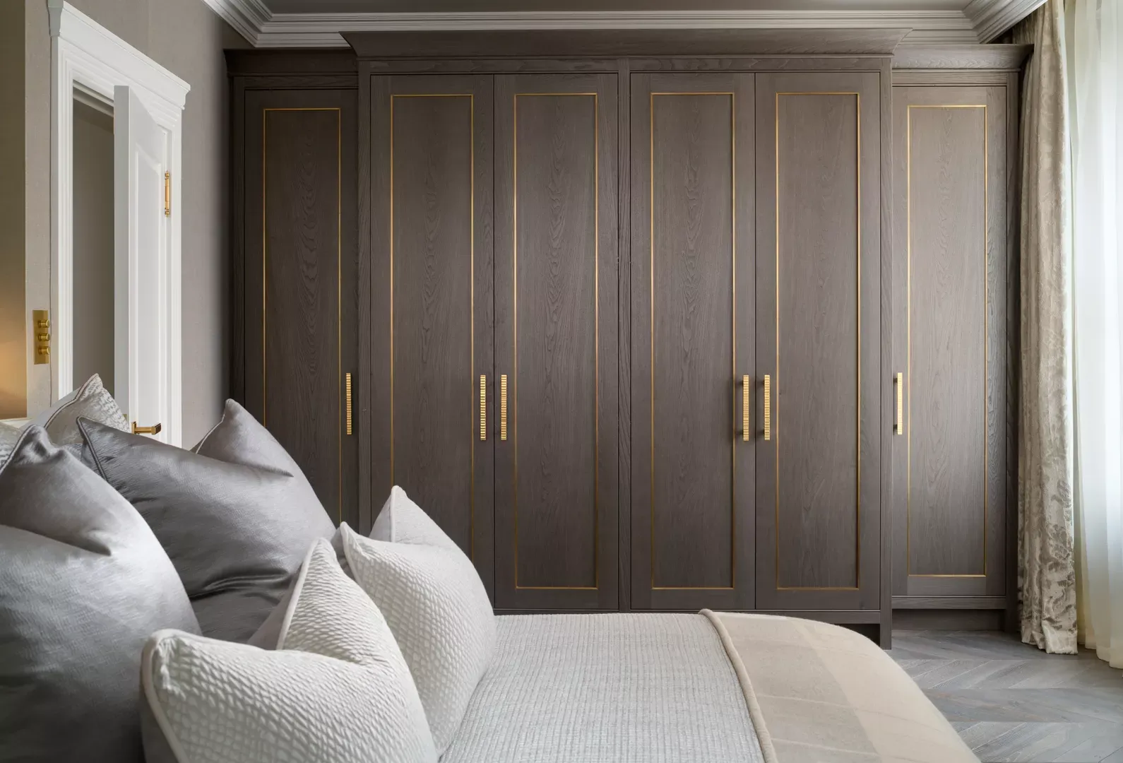 Belgravia Apartment Bedroom with Harrison Lever Handle (LV1105) and Harlyn Cabinet Handle (CH1083) in Brushed Brass Waxed - BBW